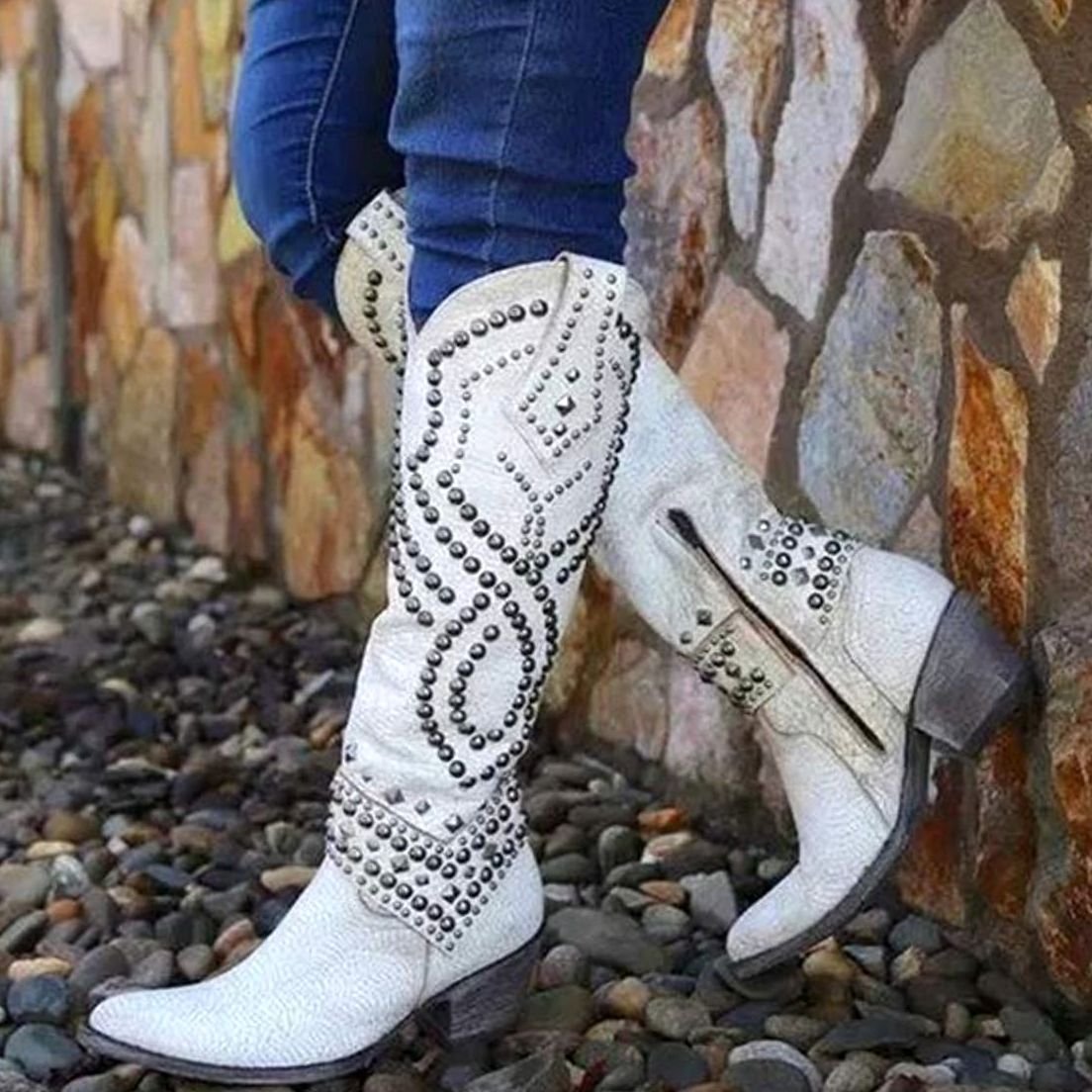 Women's Studded Knee-High Chunky Heel Cowboy Boots