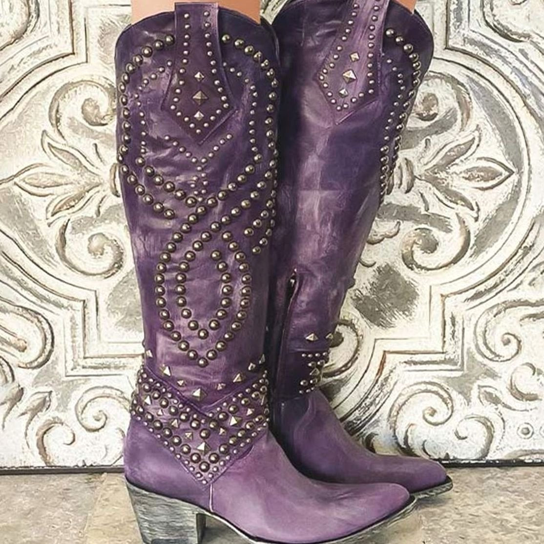Women's Studded Knee-High Chunky Heel Cowboy Boots