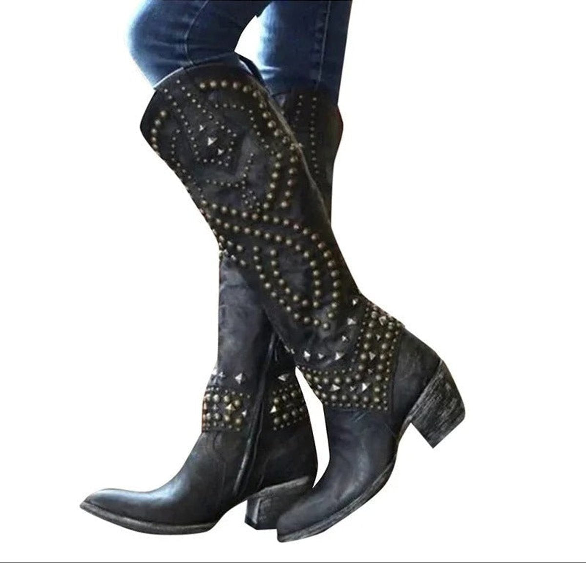 Women's Studded Knee-High Western Cowboy Block-Heel Boots