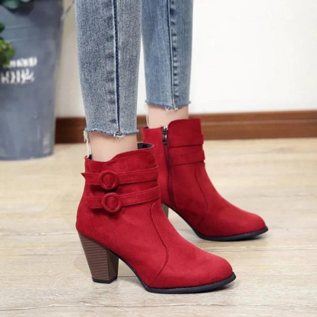 Women's Suede Block Heel Double Buckle Zip Ankle Boots