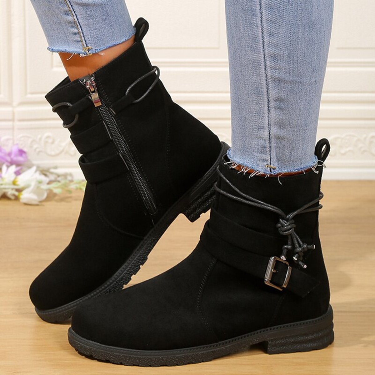Women's Suede Buckle-Strap Side-Zip Ankle Boots