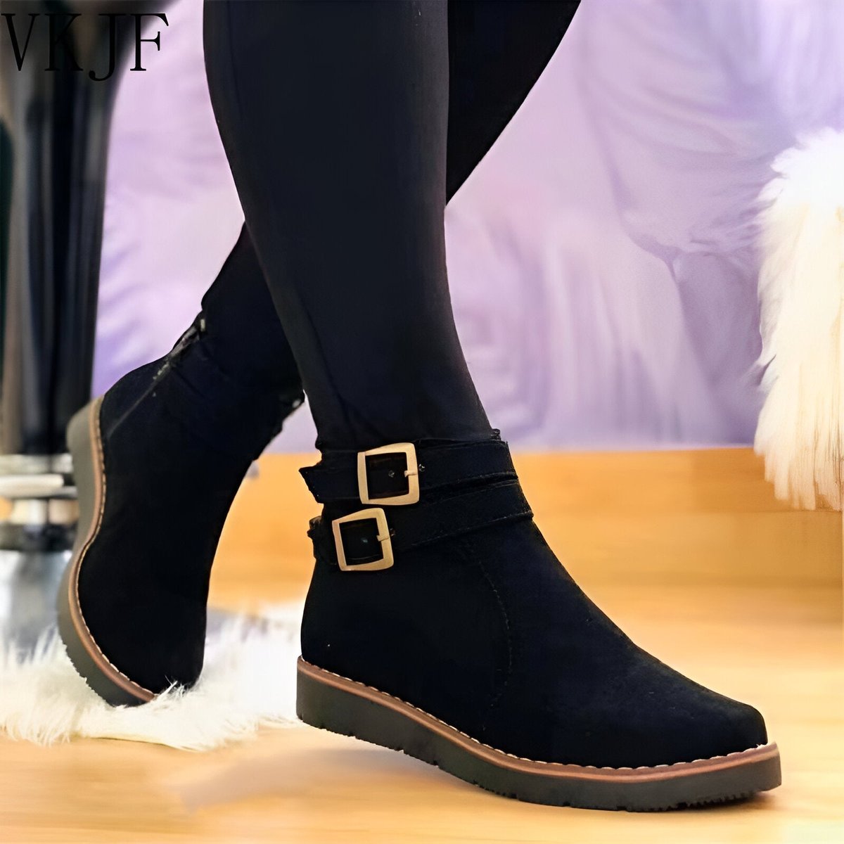 Women's Suede Double-Buckle Side-Zip Flat Ankle Boots