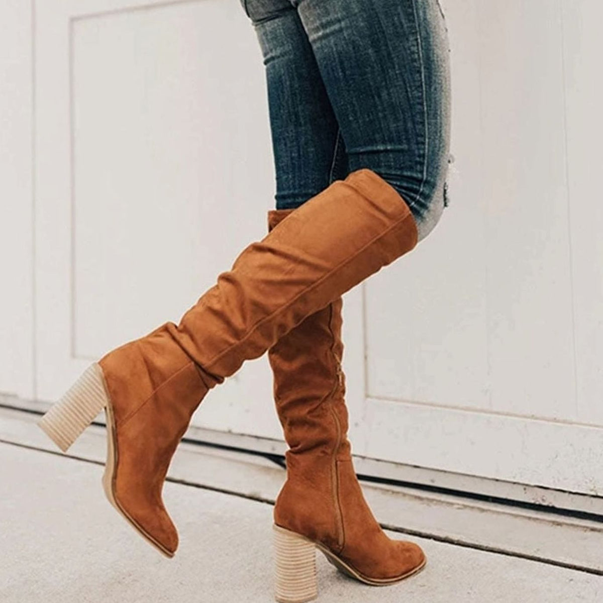 Women's Slouchy Knee High Boots in Faux Suede | Stacked Block Heel and Relaxed Draping Shaft | 3 Colors