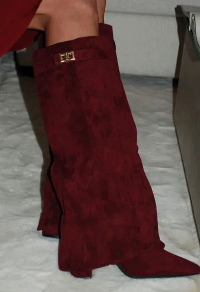 Women's Suede Knee-High Buckle-Strap Wedge Thigh-High Boots