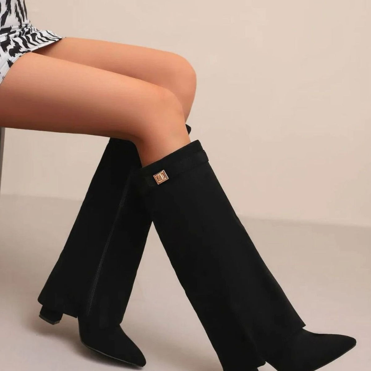 Women's Suede Knee-High Buckle-Strap Wedge Thigh-High Boots