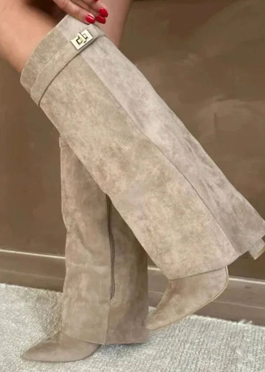 Women's Suede Knee-High Buckle-Strap Wedge Thigh-High Boots