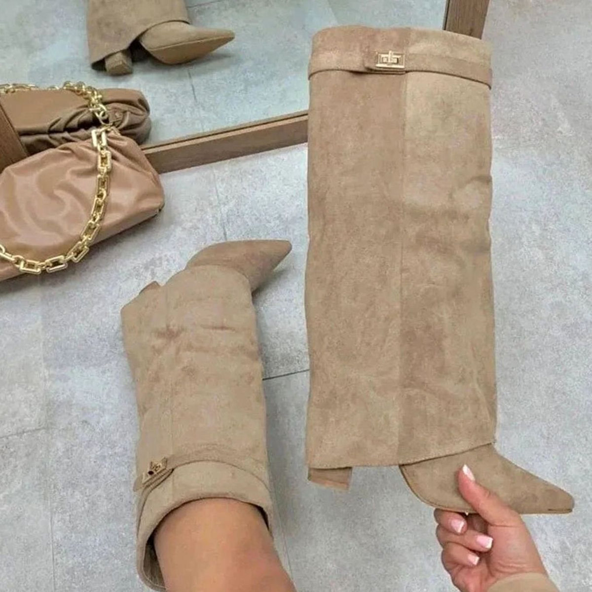 Women's Suede Knee-High Buckle-Strap Wedge Thigh-High Boots