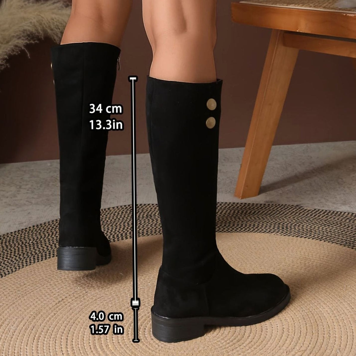 Harper | Women's Suede-Look Block Heel Knee High Boots Gold Button Detail