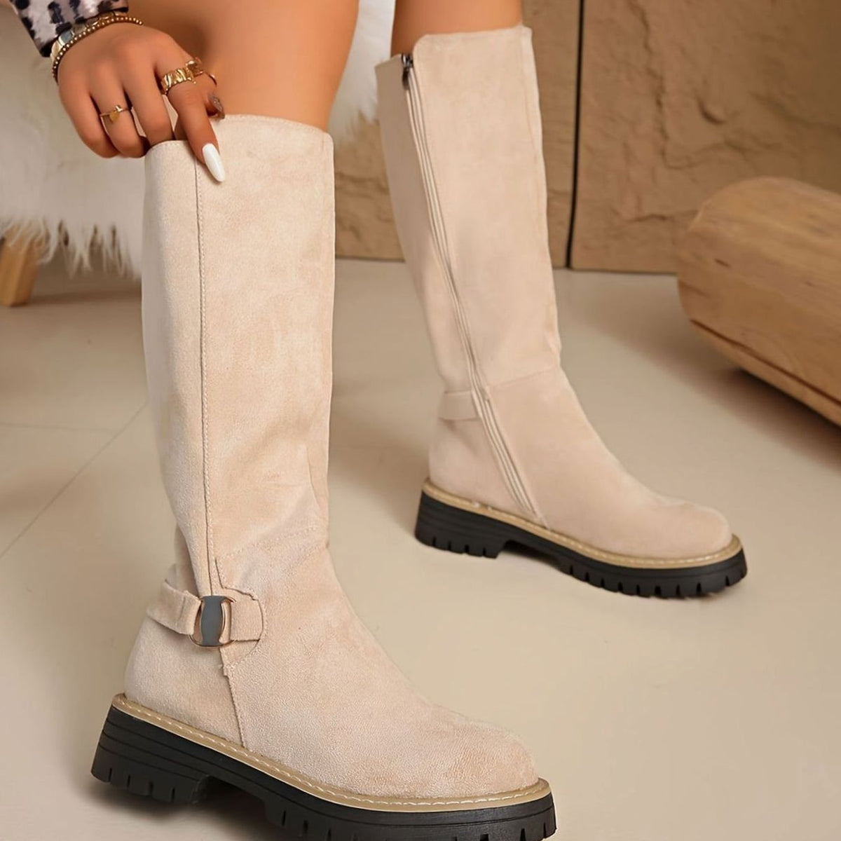 Amelia | Women's Suede-Look Block Heel Knee High Boots Side Zip