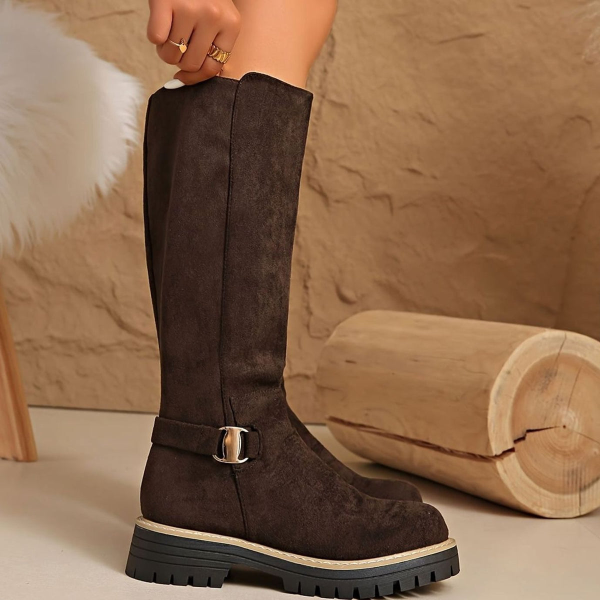 Amelia | Women's Suede-Look Block Heel Knee High Boots Side Zip