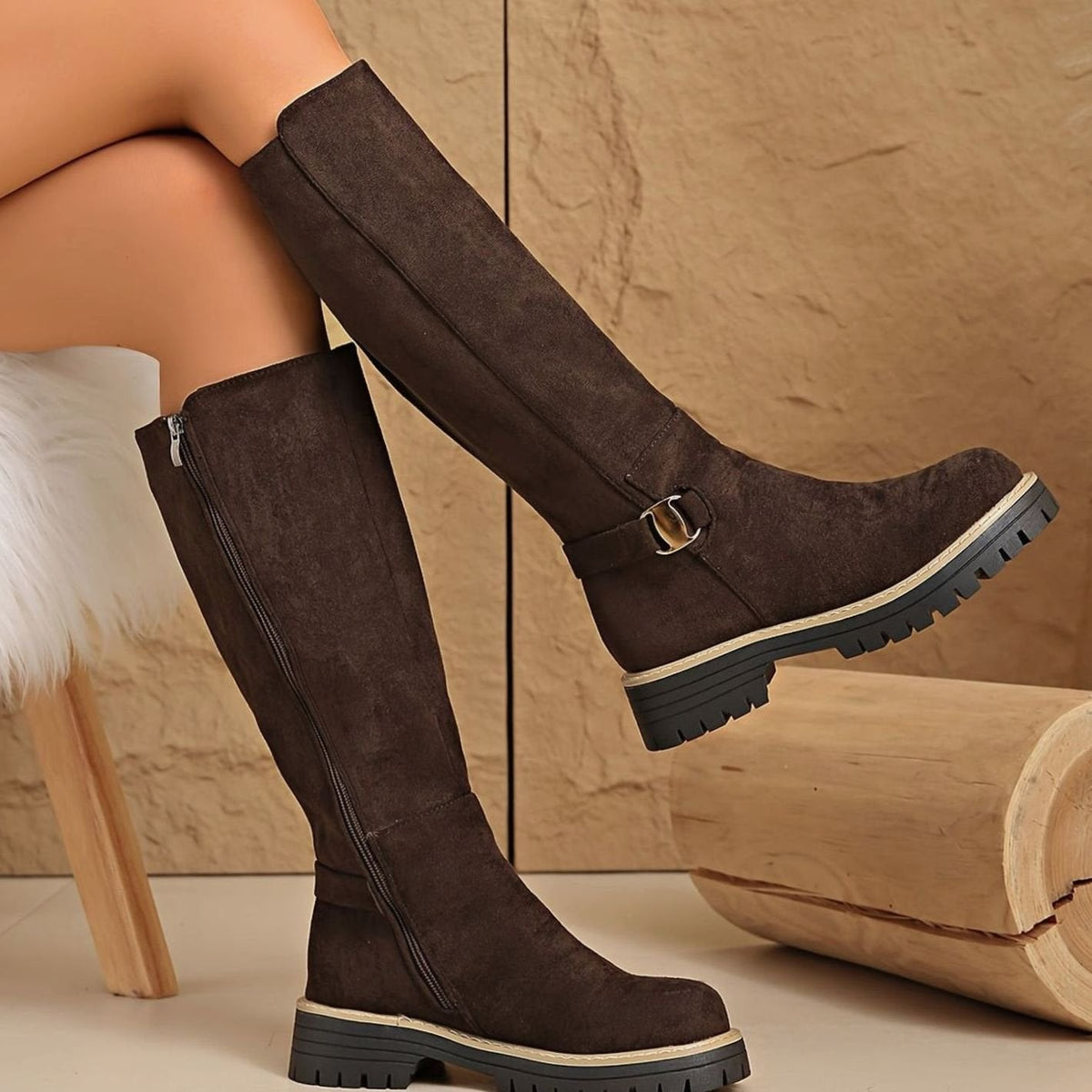 Amelia | Women's Suede-Look Block Heel Knee High Boots Side Zip
