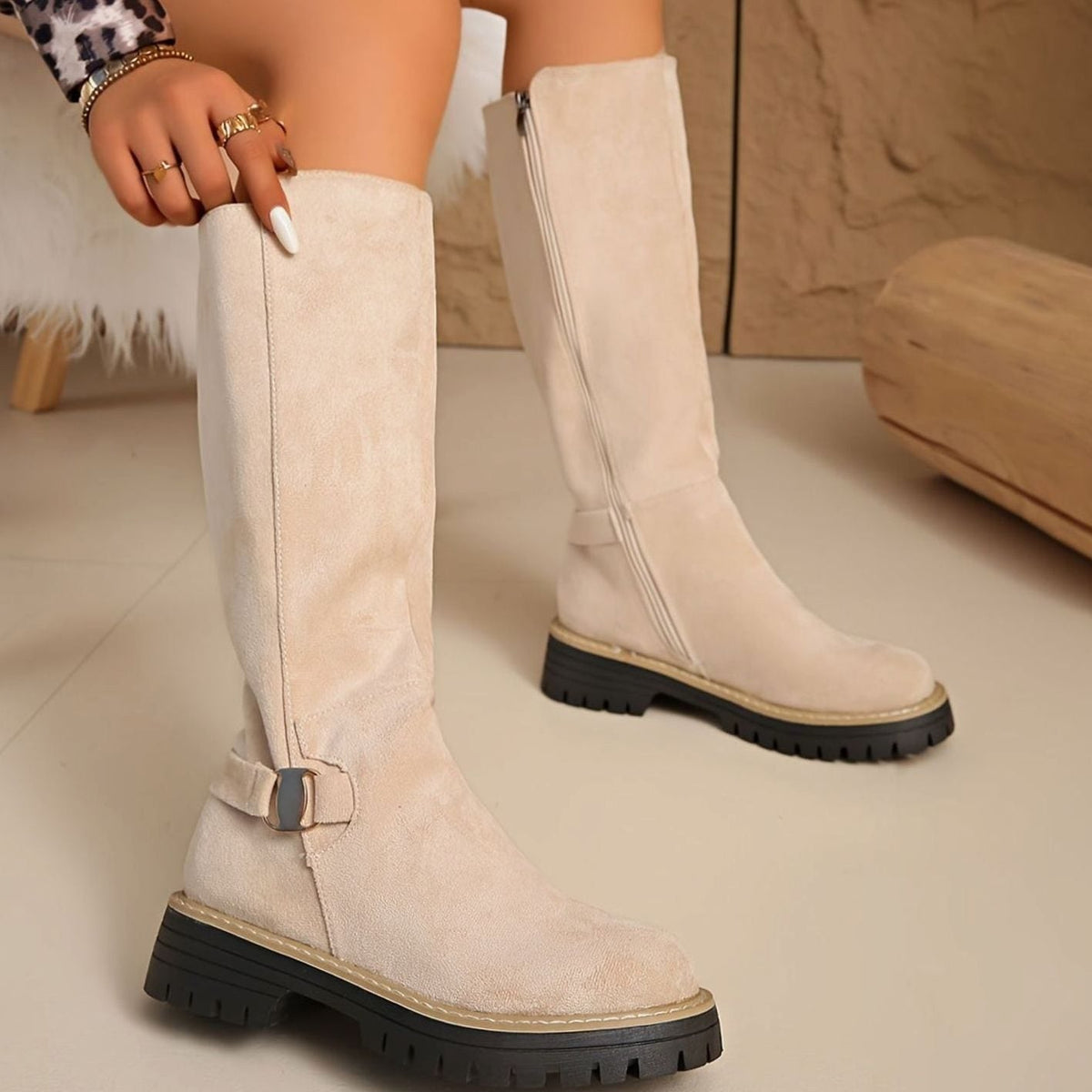 Amelia | Women's Suede-Look Block Heel Knee High Boots Side Zip