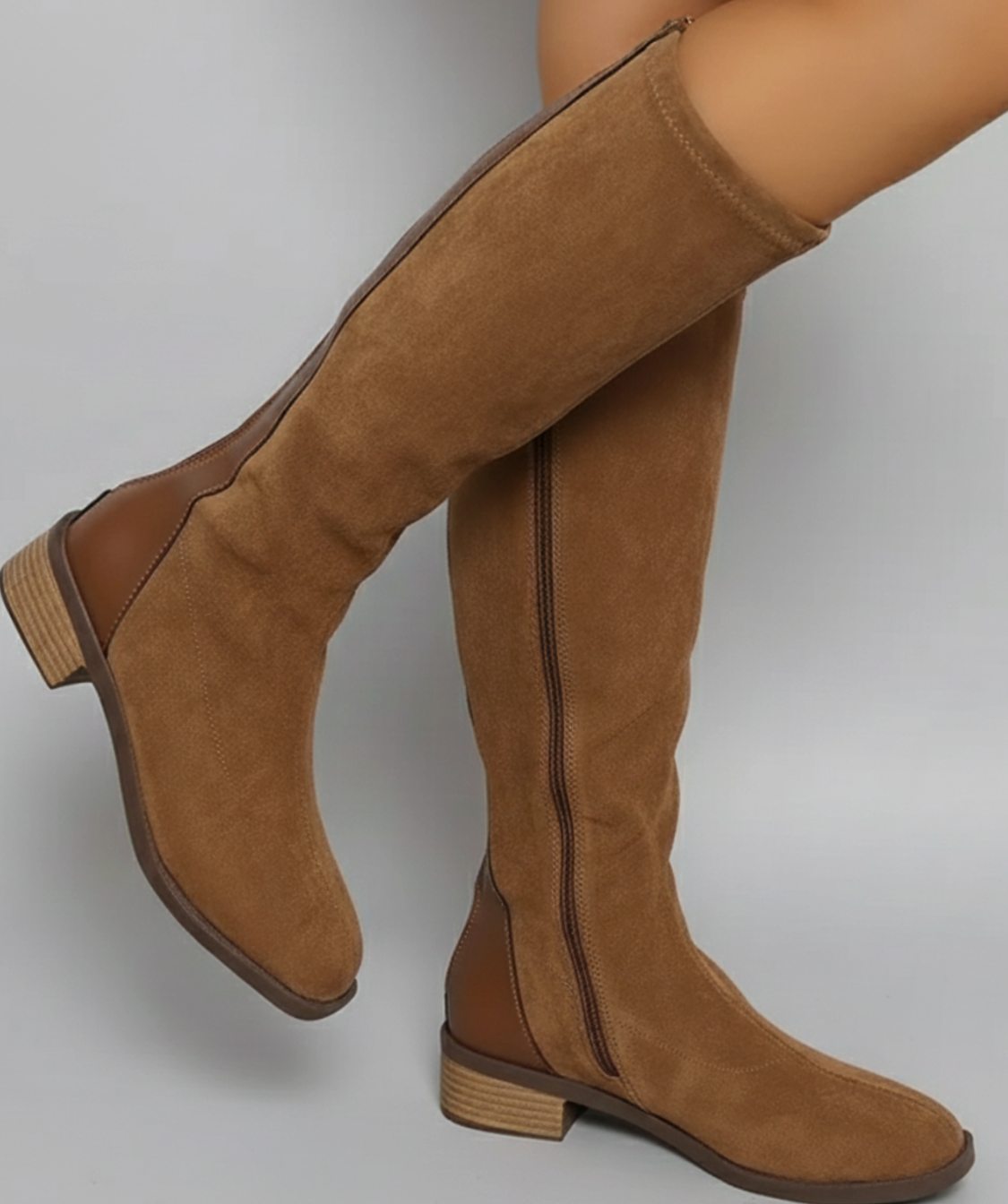 Charlotte | Women's Suede-Look Knee High Boots Low Block Heel Side Zip
