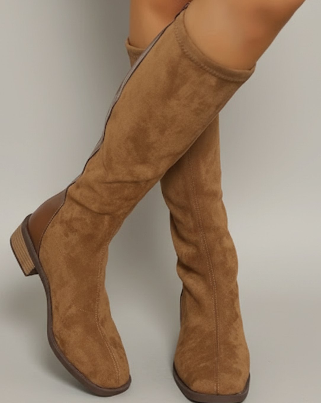 Charlotte | Women's Suede-Look Knee High Boots Low Block Heel Side Zip