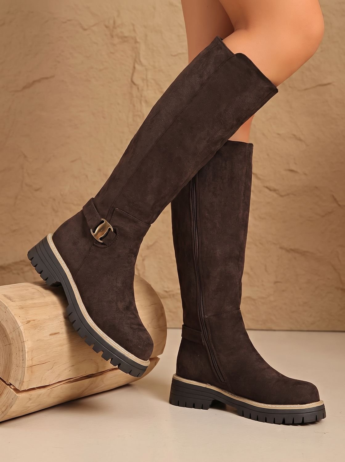 Emma | Women's Suede-Look Low Block Heel Knee High Boots