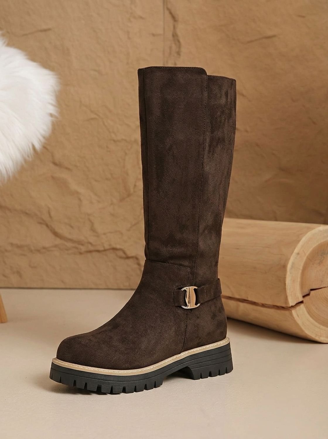 Emma | Women's Suede-Look Low Block Heel Knee High Boots