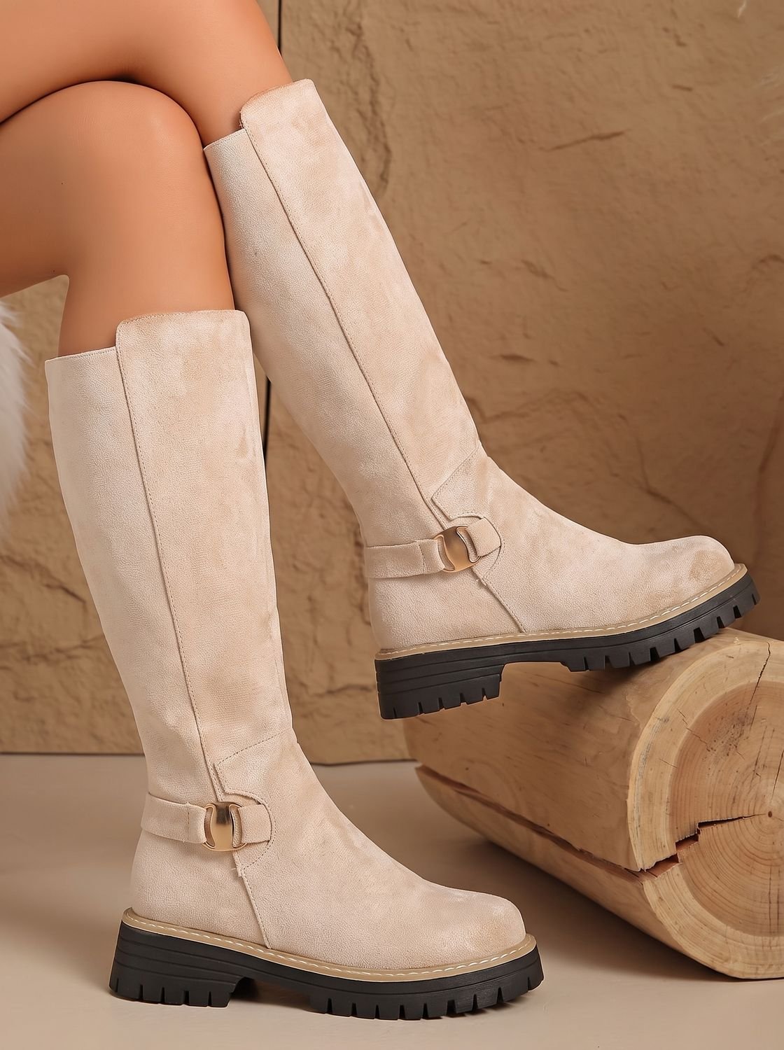 Emma | Women's Suede-Look Low Block Heel Knee High Boots