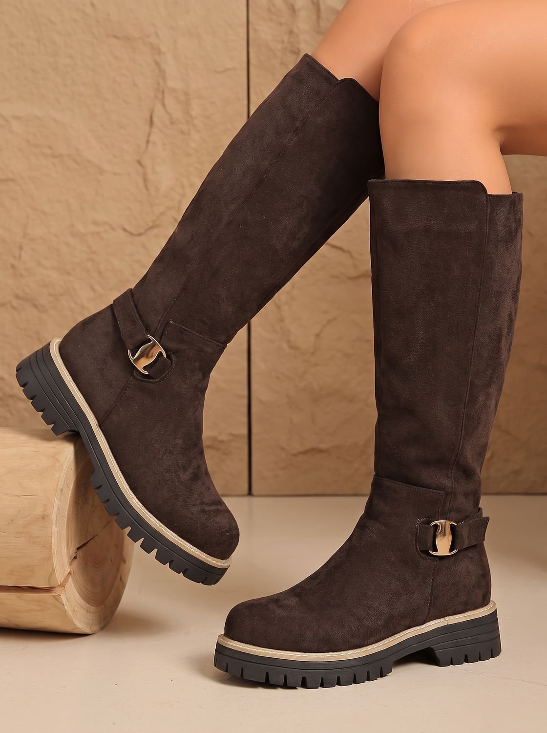 Emma | Women's Suede-Look Low Block Heel Knee High Boots