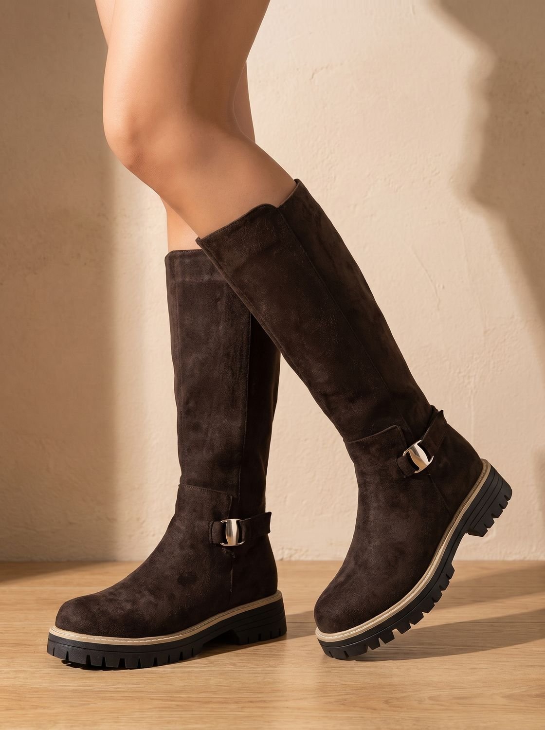 Emma | Women's Suede-Look Low Block Heel Knee High Boots