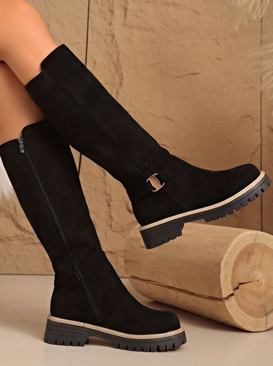 Emma | Women's Suede-Look Low Block Heel Knee High Boots