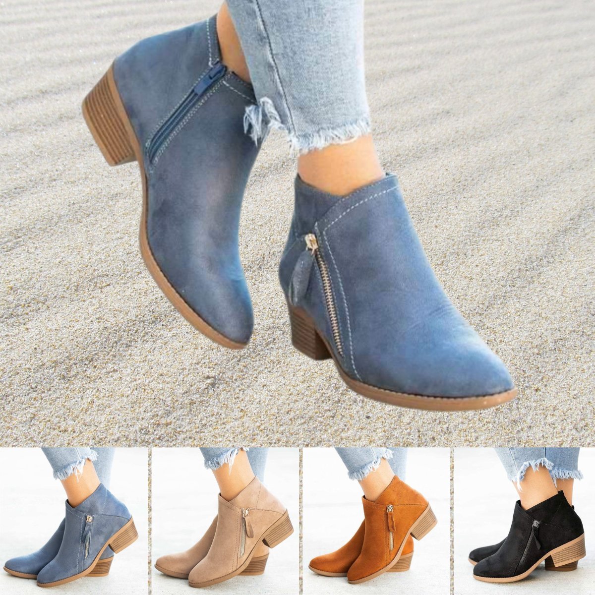 Women's Suede Low Chunky Heel Double-Zip Ankle Boots