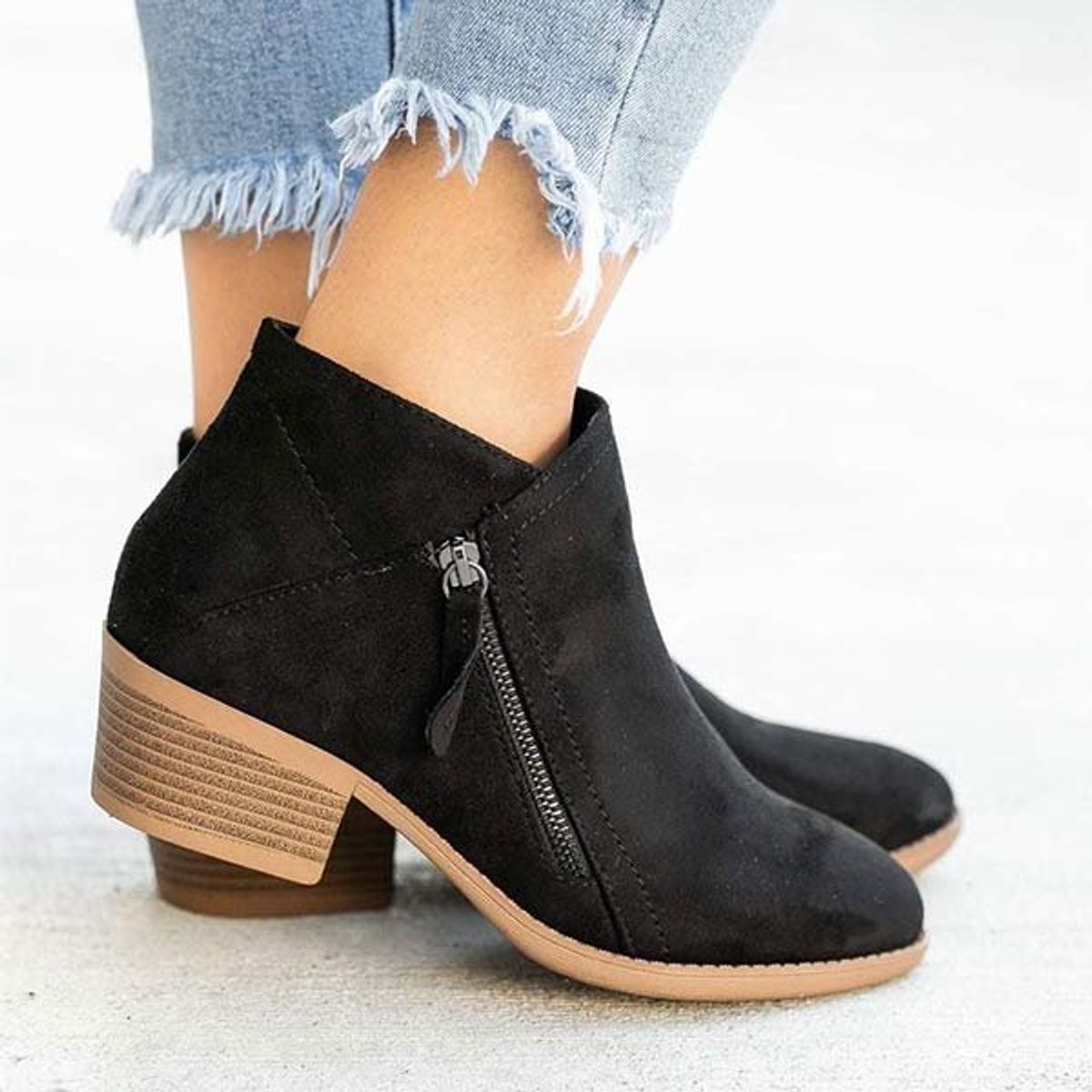 Women's Suede Low Chunky Heel Double-Zip Ankle Boots