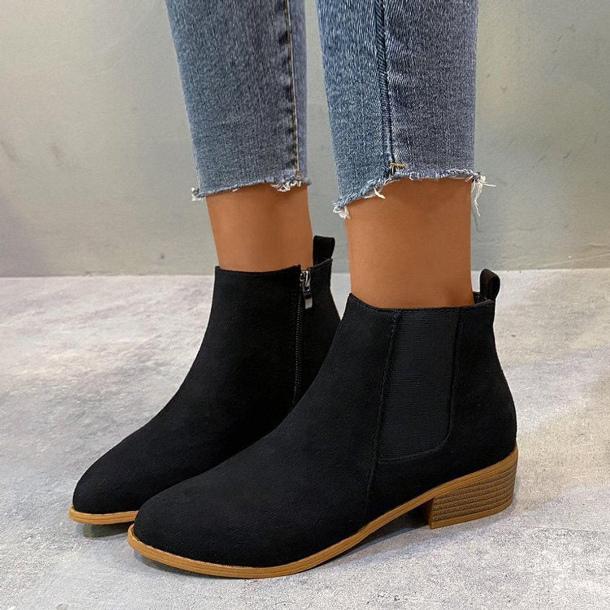 Women's Suede Pointed-Toe Block-Heel Zip Ankle Boots