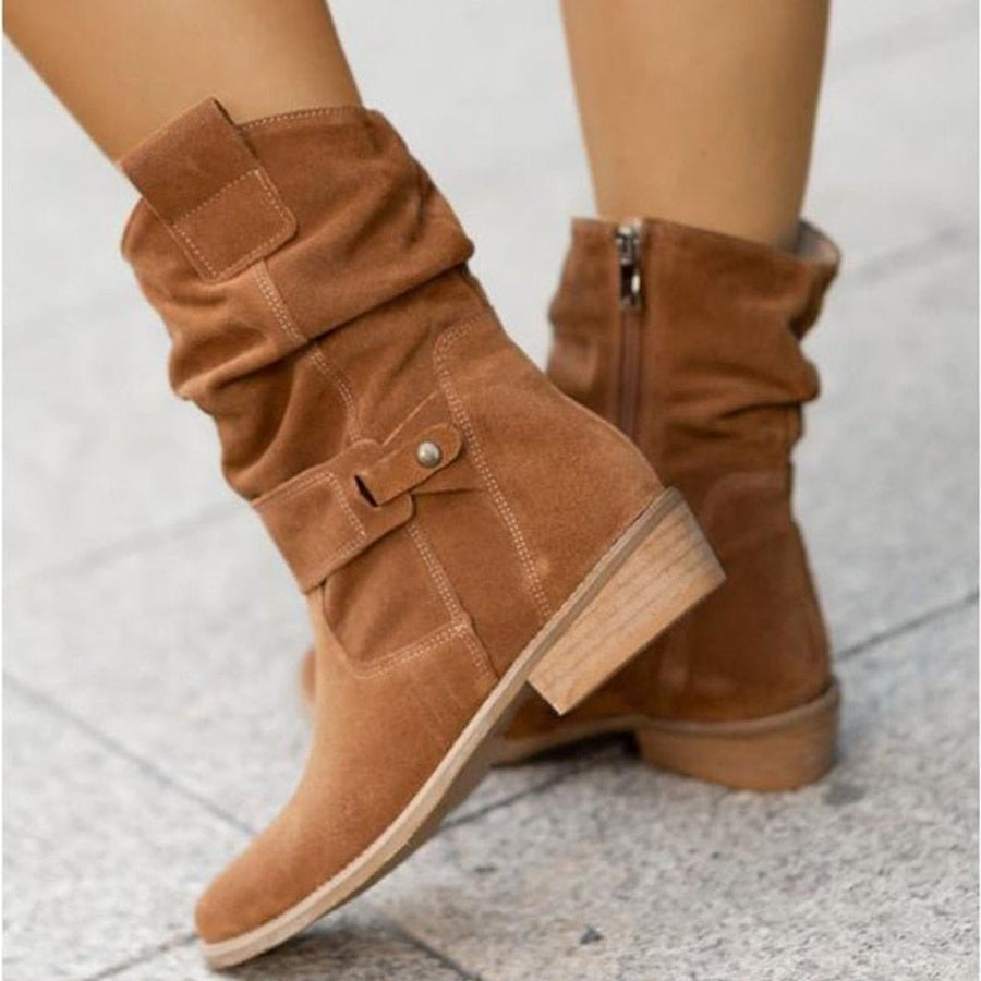 Women's Suede Slouchy Block-Heel Ankle Boots Buckle Strap
