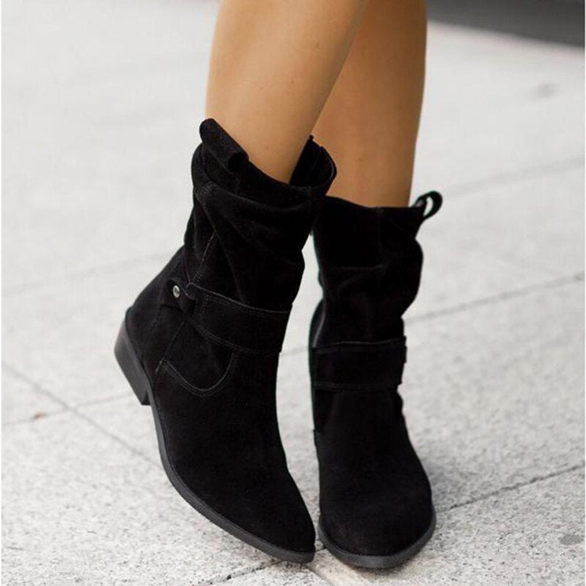 Women's Suede Slouchy Block-Heel Ankle Boots Buckle Strap