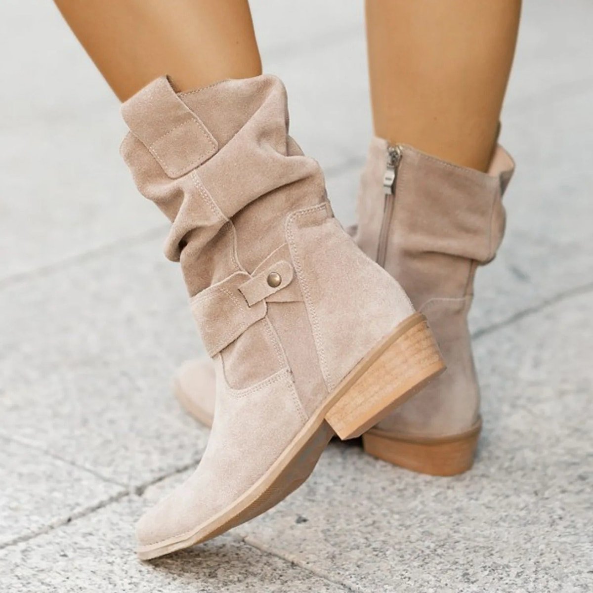Women's Suede Slouchy Mid-Calf Ankle Boots Flat Buckle Strap