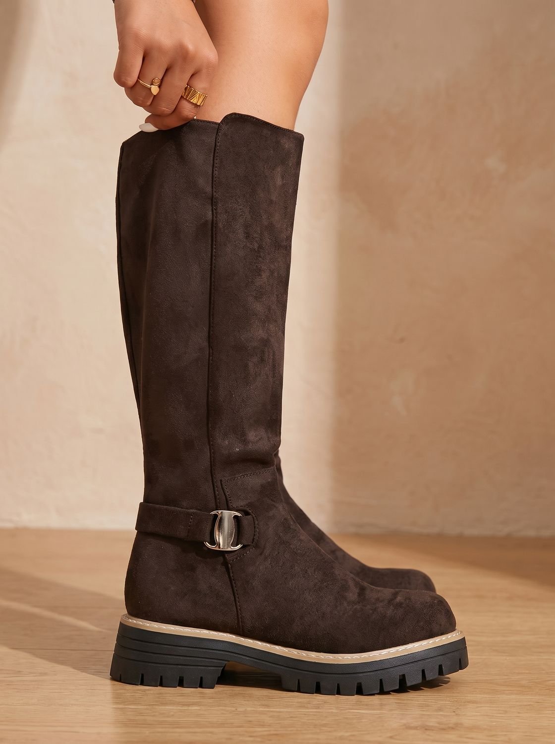 Evelyn | Women's Suede-Style Buckle Accent Side-Zip Knee High Boots