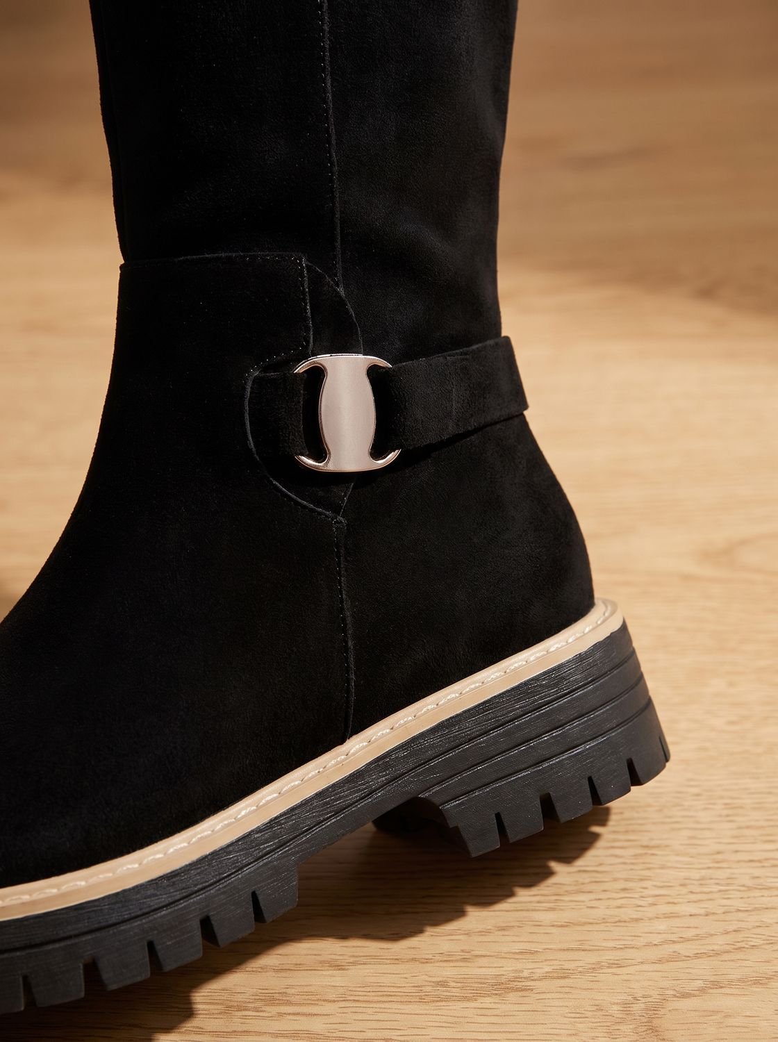 Evelyn | Women's Suede-Style Buckle Accent Side-Zip Knee High Boots