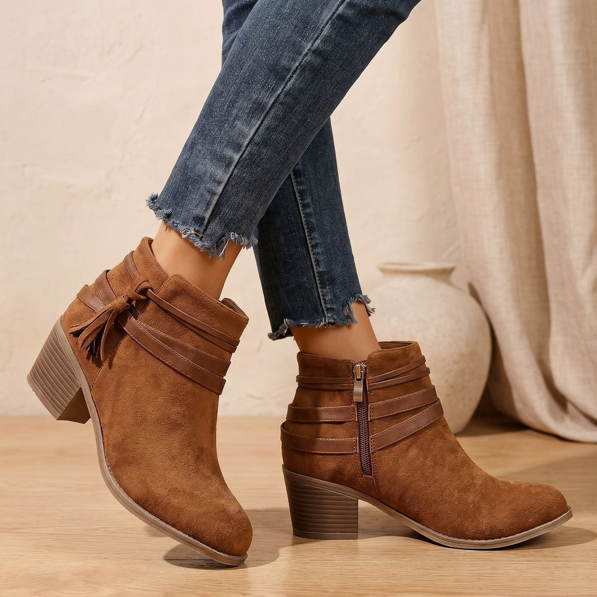Charlotte | Women's Suede Tassel Block-Heel Ankle Boots Side Zip