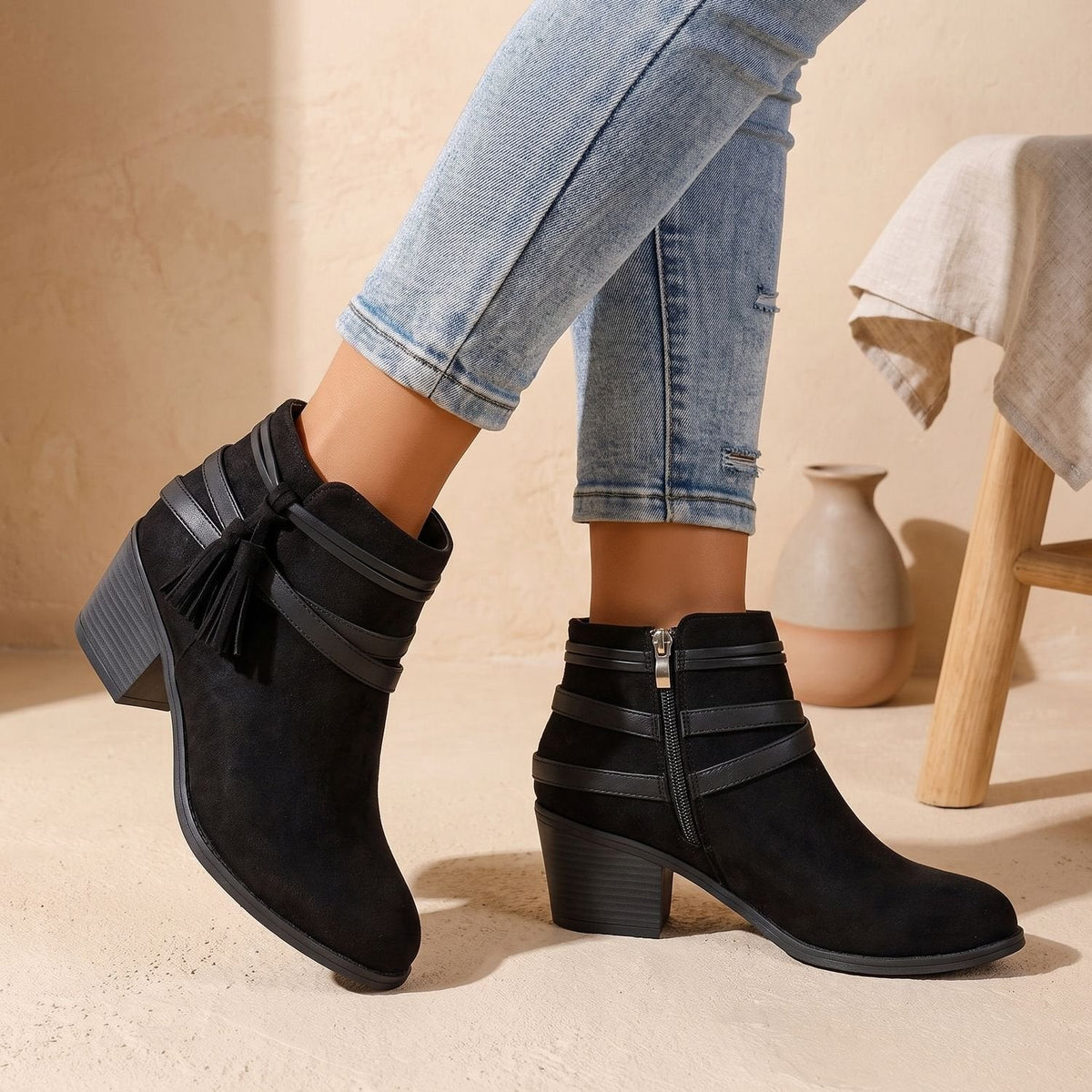 Charlotte | Women's Suede Tassel Block-Heel Ankle Boots Side Zip