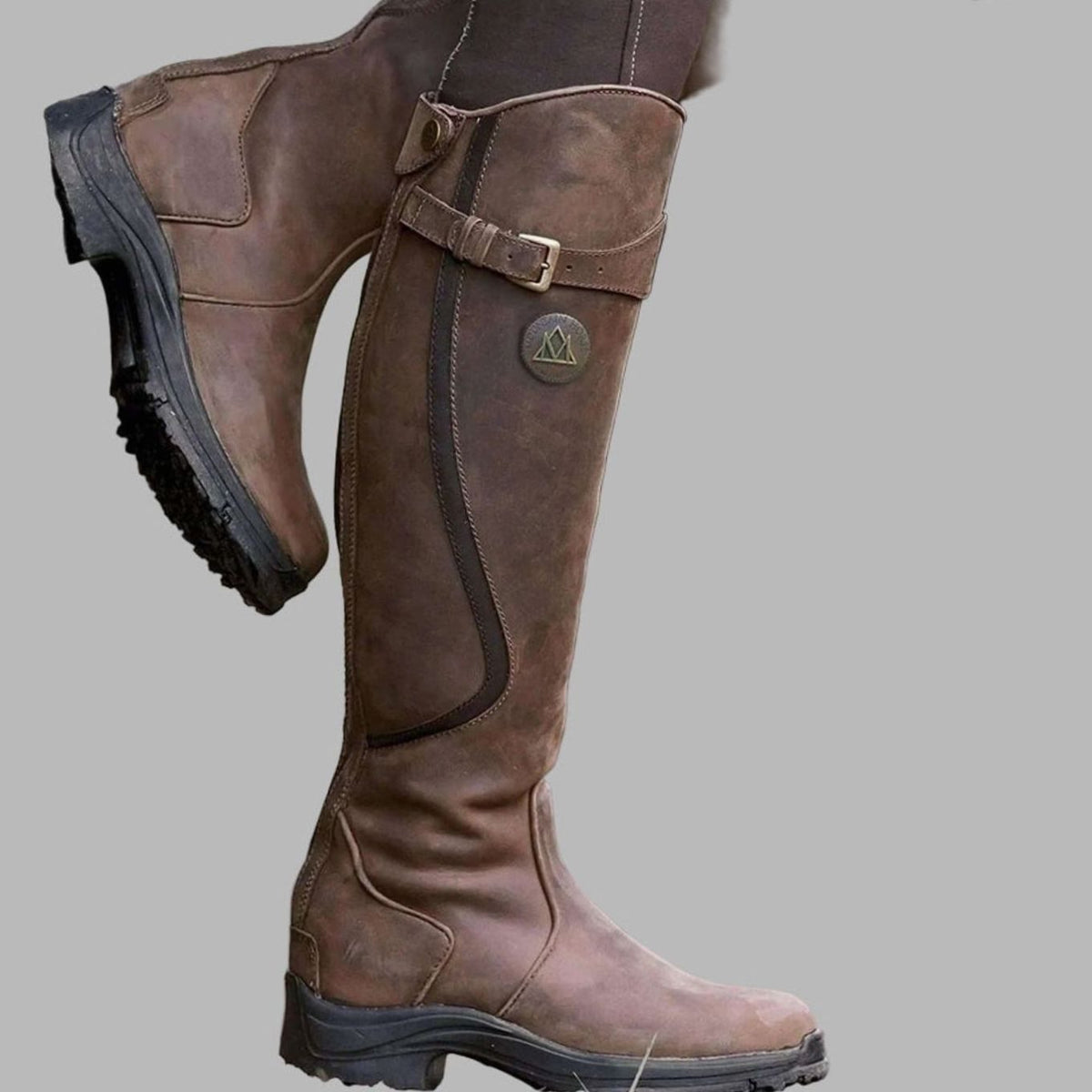 Women's Tall Leather Knee-High Buckle Strap Hiking Boots