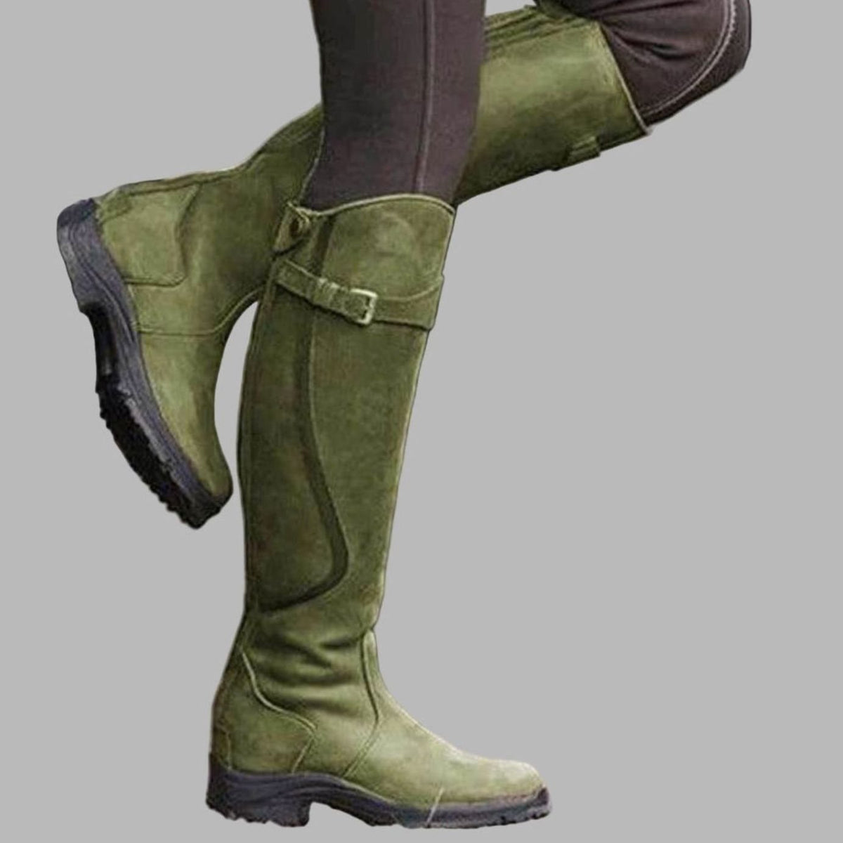 Women's Tall Leather Knee-High Buckle Strap Hiking Boots