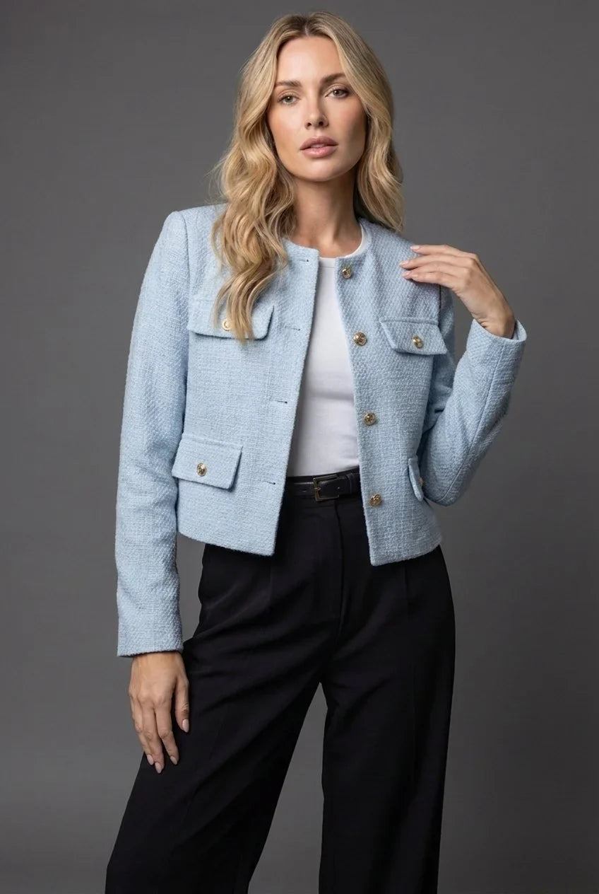 Women's tweed cropped blazer round neck gold buttons