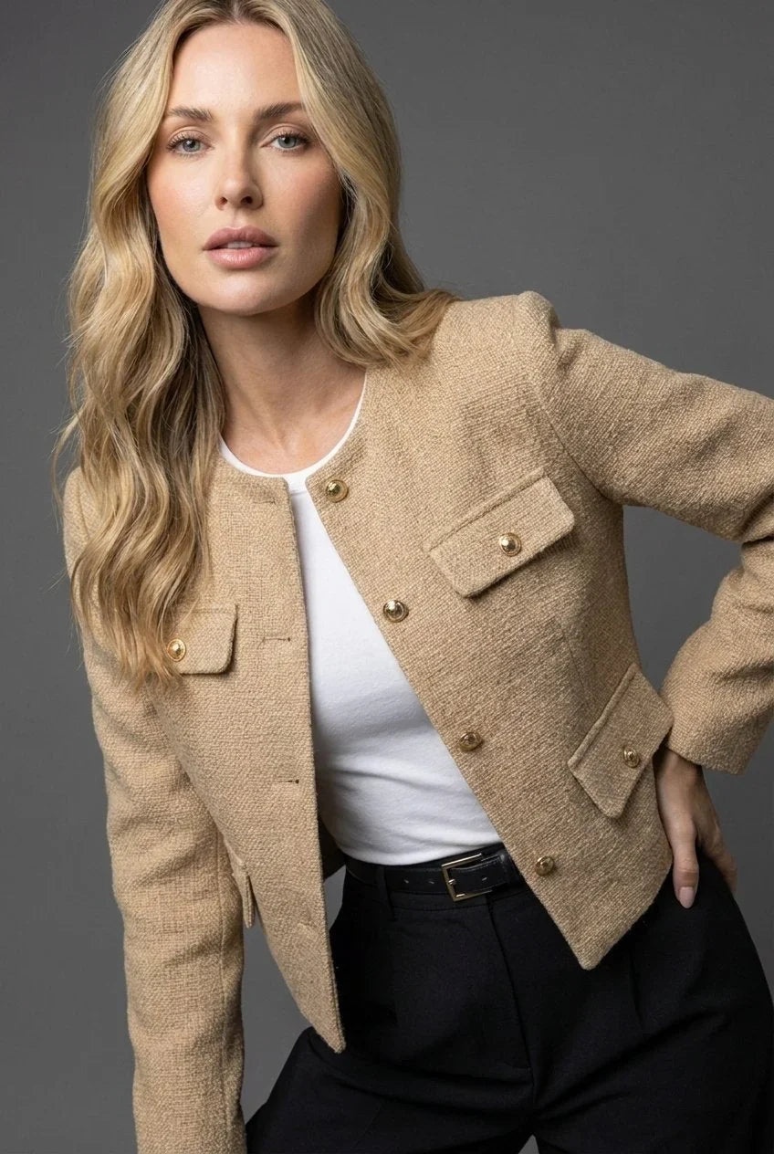 Women's tweed cropped blazer round neck gold buttons