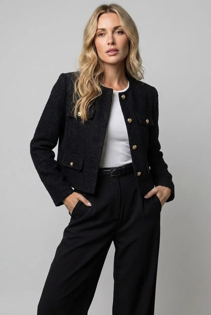 Women's tweed cropped blazer round neck gold buttons