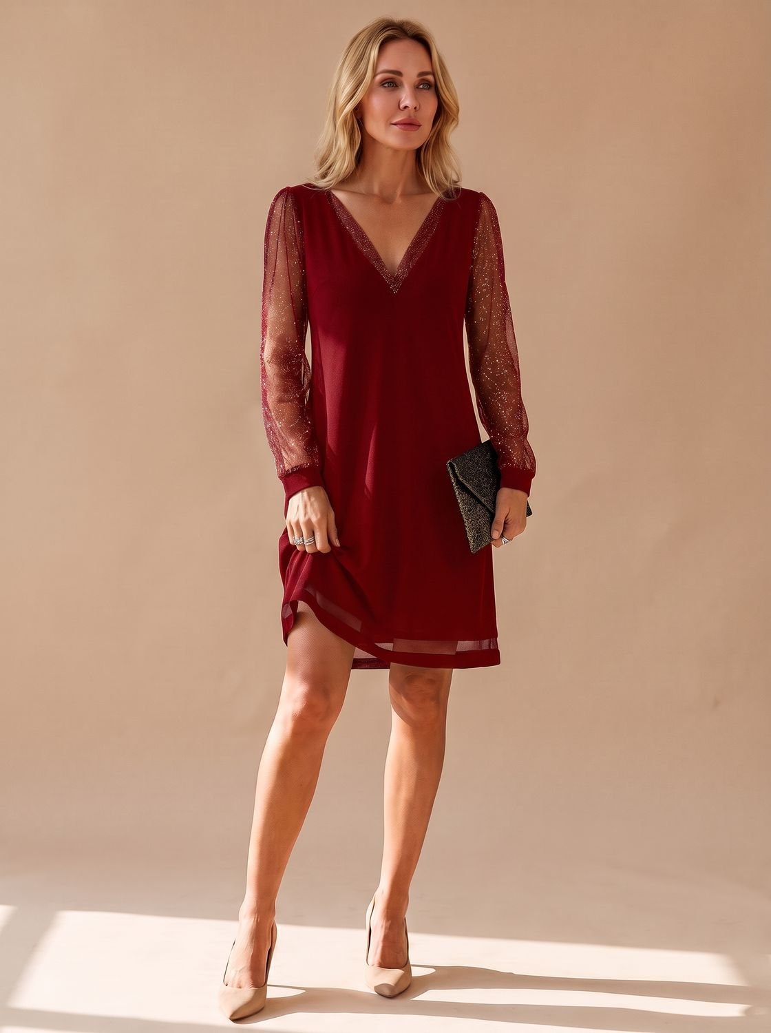 Scarlett | Women's V-Neck Glitter Mesh Sleeve Mini Christmas Party Dress