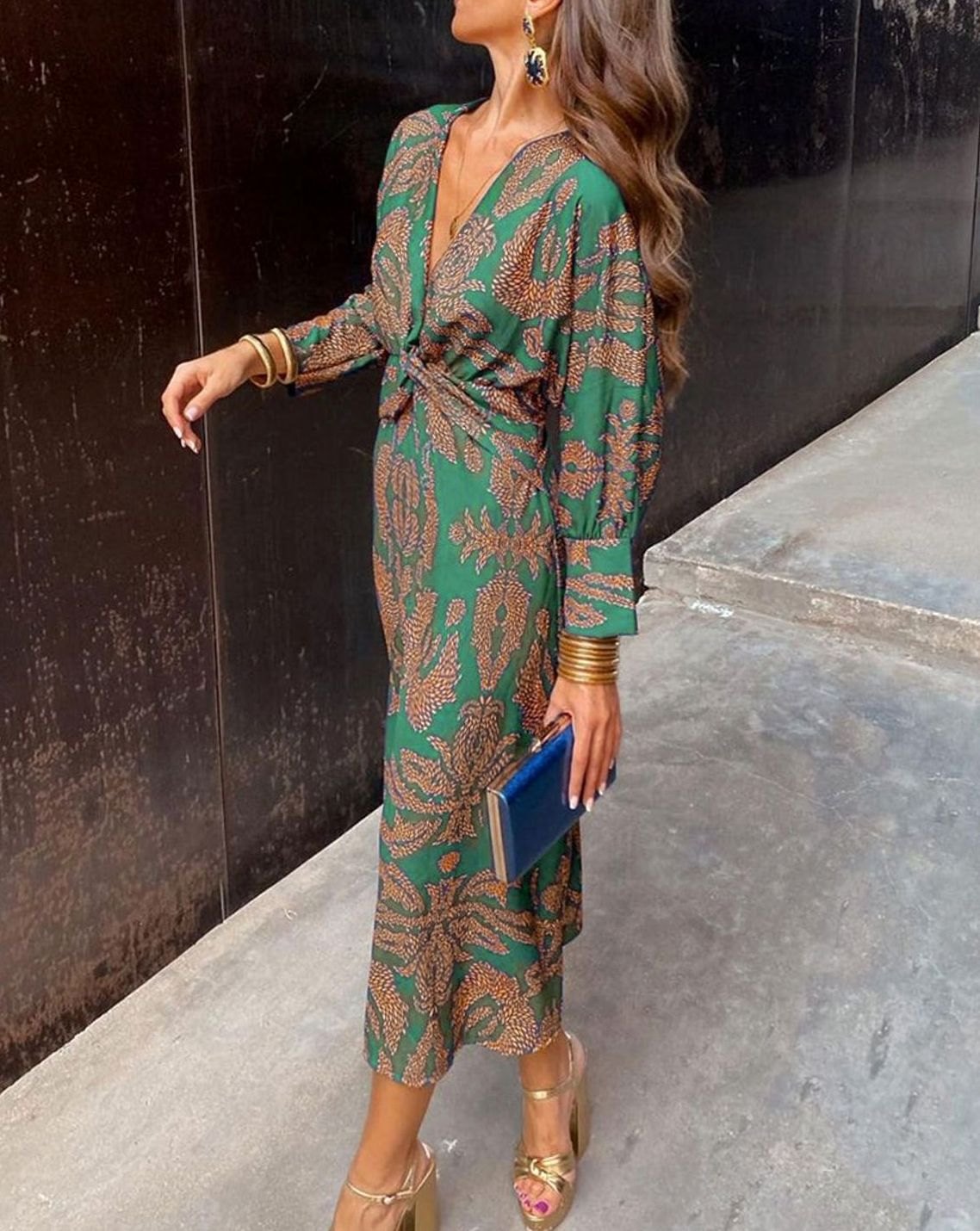Women's V-Neck Knotted-Waist Printed Long-Sleeve Maxi Dress