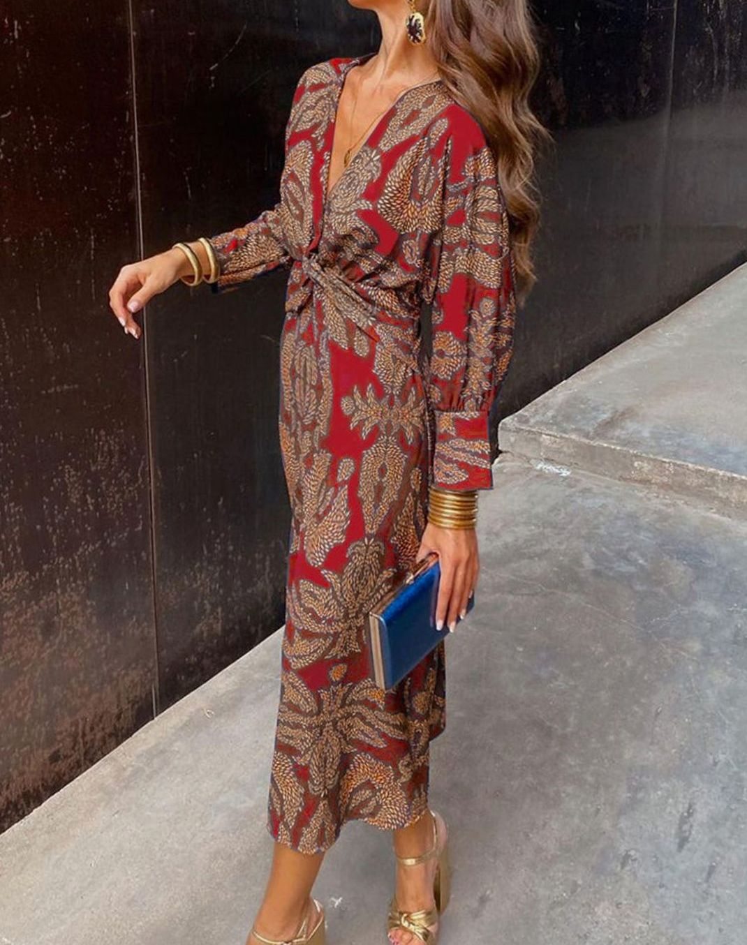 Women's V-Neck Knotted-Waist Printed Long-Sleeve Maxi Dress