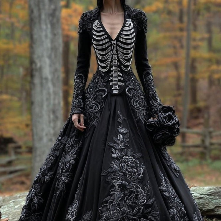 Morticia | Women’s V-Neck Long-Sleeve Skeleton Embroidered Gothic Halloween Gown