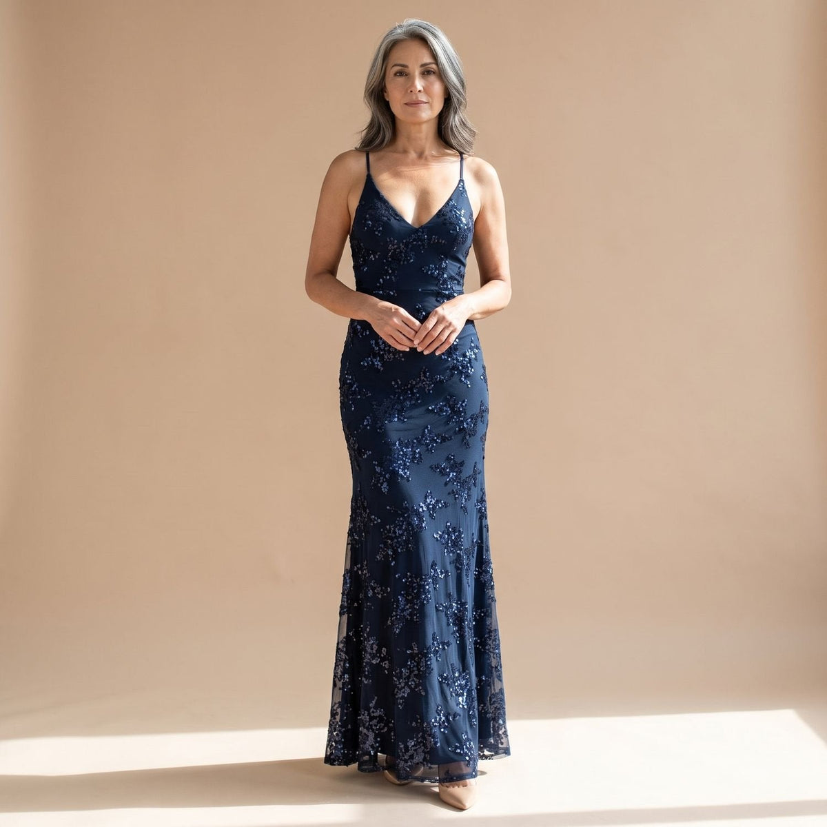 Harper | Women's V-Neck Open-Back Sequin Maxi Dress, Navy Blue