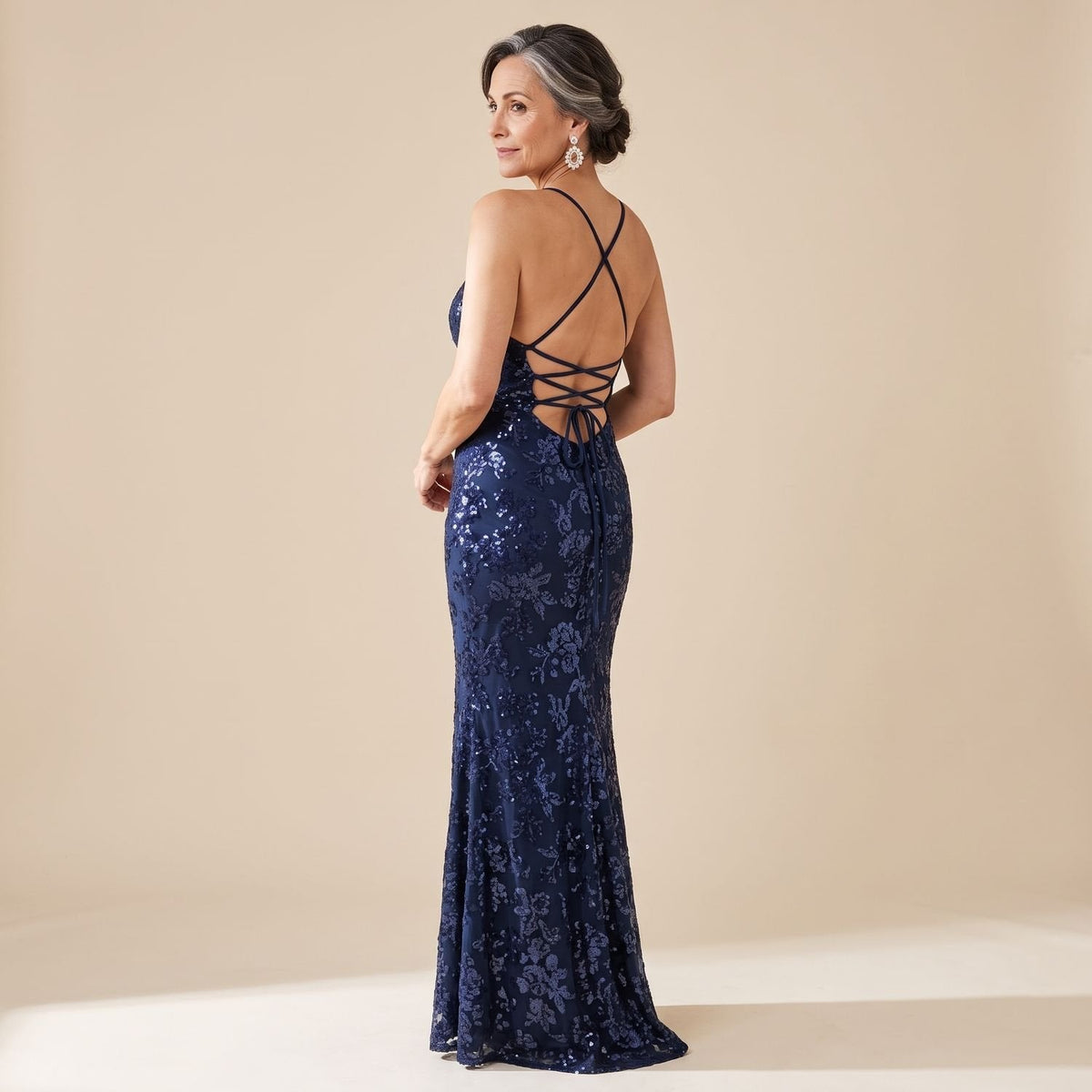 Harper | Women's V-Neck Open-Back Sequin Maxi Dress, Navy Blue