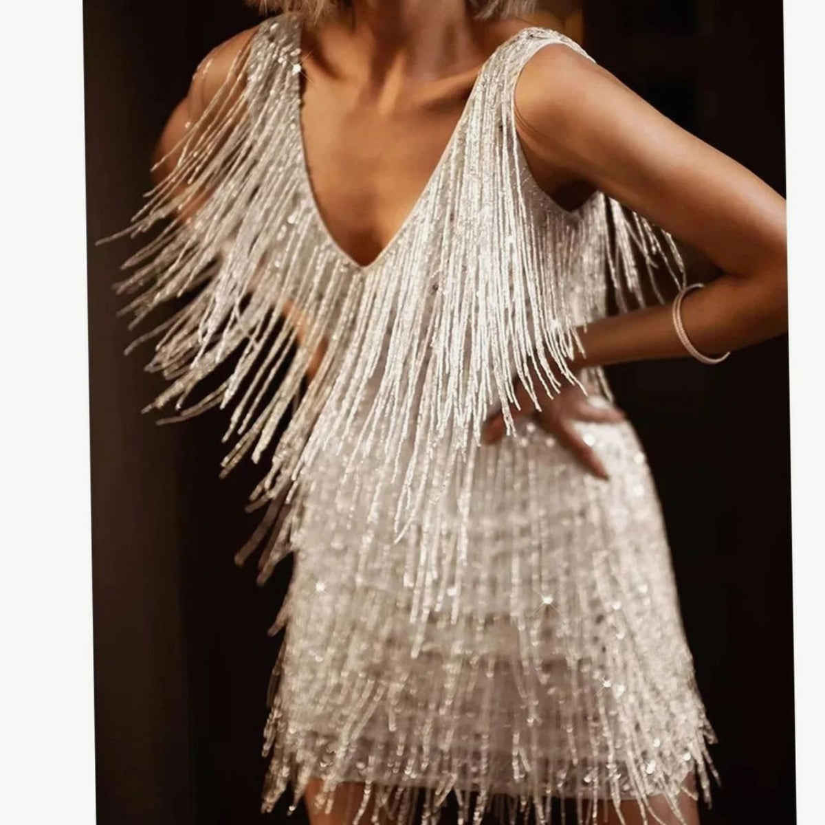 Women's V-Neck Sequin Fringe Tiered Cocktail Dress