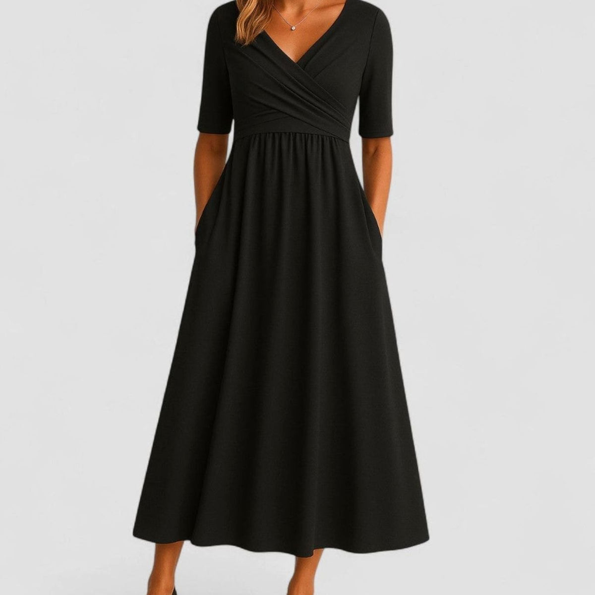 Women's V-Neck Wrap-Front Empire-Waist Midi Dress Pockets