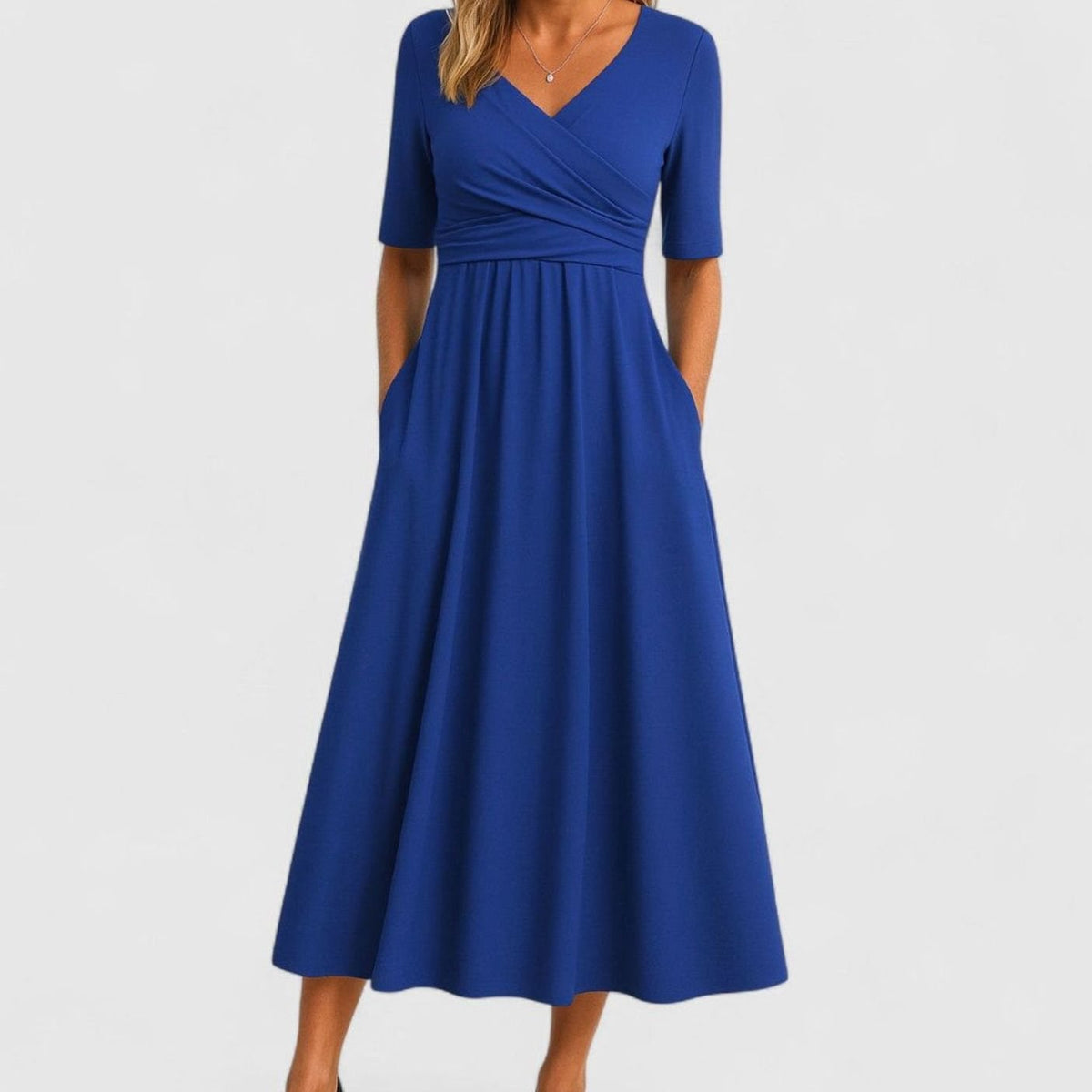 Women's V-Neck Wrap-Front Empire-Waist Midi Dress Pockets
