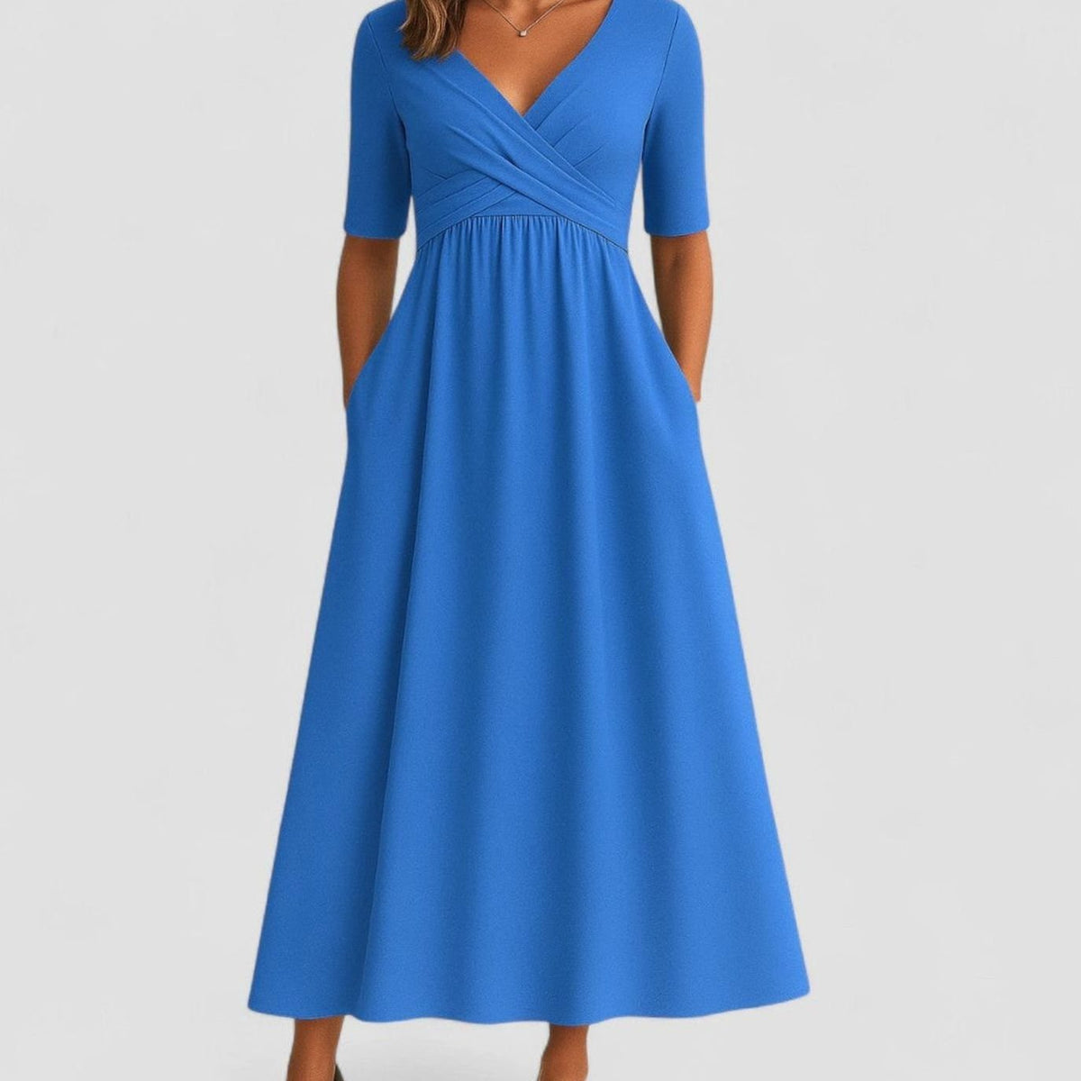 Women's V-Neck Wrap-Front Empire-Waist Midi Dress Pockets