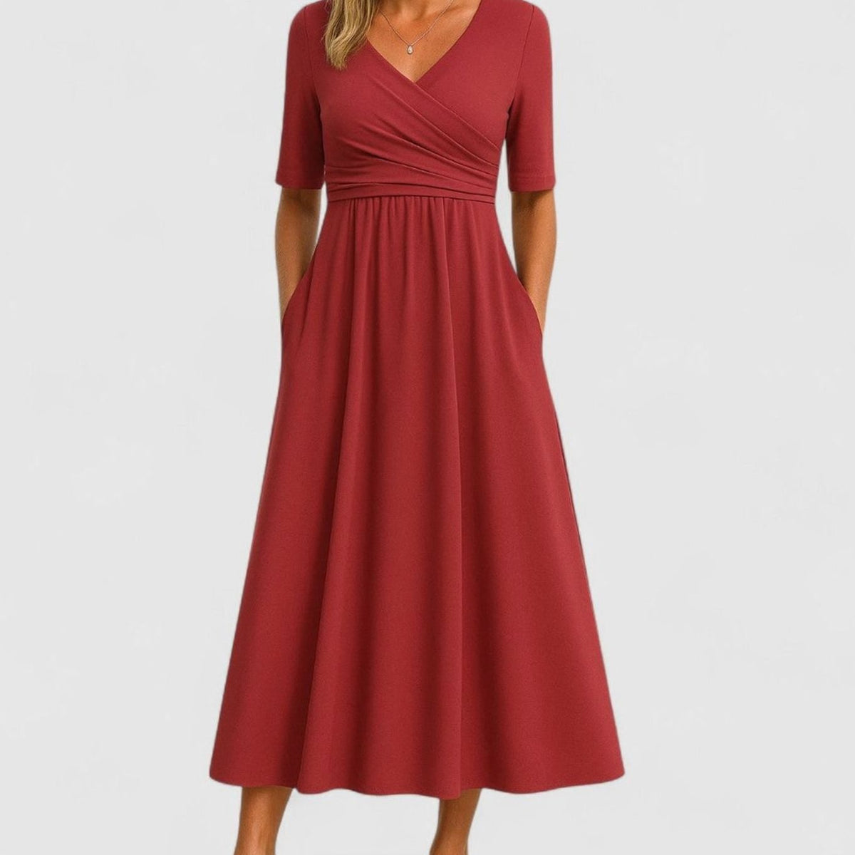 Women's V-Neck Wrap-Front Empire-Waist Midi Dress Pockets